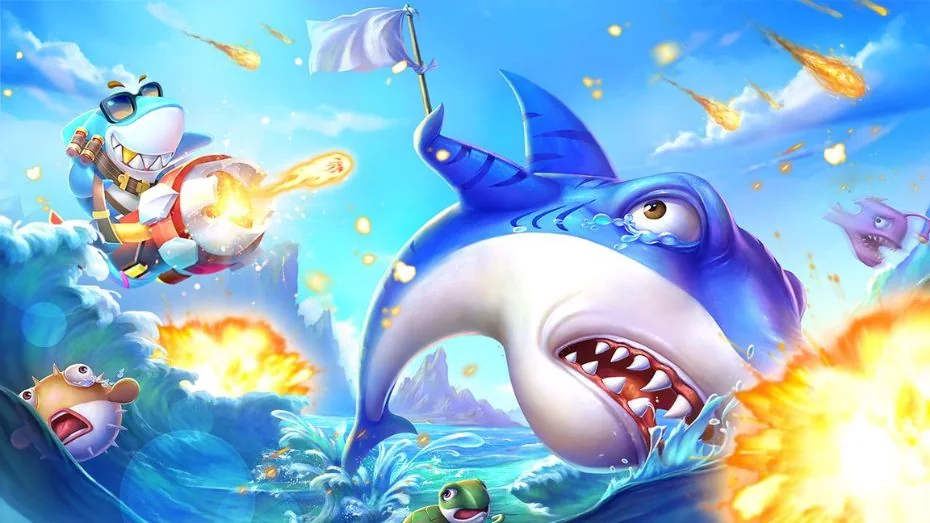 Adegan target ikan dan efek tembakan pada permainan arcade bawah laut
